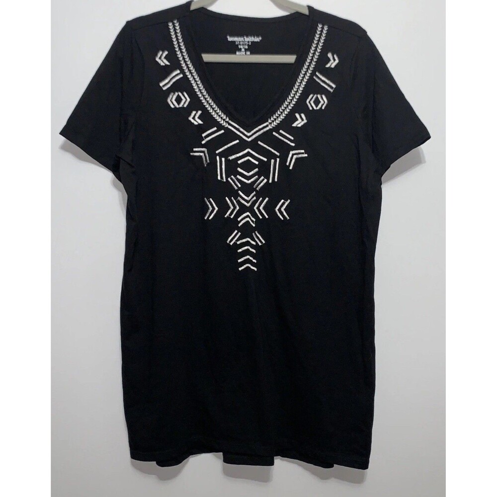 Woman Within Shirt Womens Medium 14/16 Black  Tunic Tee Top Cotton Embroidered